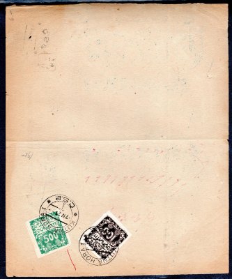 kompletní formulář "Doručovka poštovních poukázek", razítko Kutná Hora 7/IV/21 na zadní straně vylepeny známky DL 9 + DL 12, razítko dtto