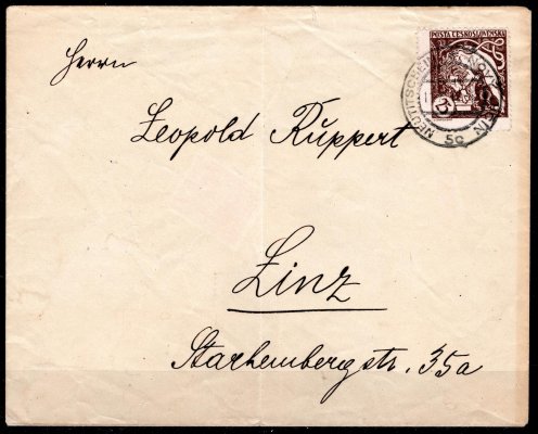 Dopis frankovaný hodnotou 25 h hnědá, adresováno do Rakouska, frankatura přesně dle v té době platného tarifu pro tuzemsko !, otisk podacího razítka s datem 11. XI. 1919 - 7 dní po platnosti