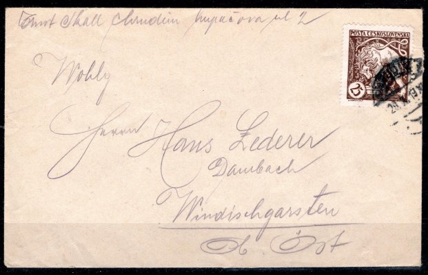 Dopis frankovaný hodnotou 25 h hnědá, adresováno do Rakouska, frankatura přesně dle v té době platného tarifu pro tuzemsko !, otisk podacího razítka s datem 28. X. 1919

