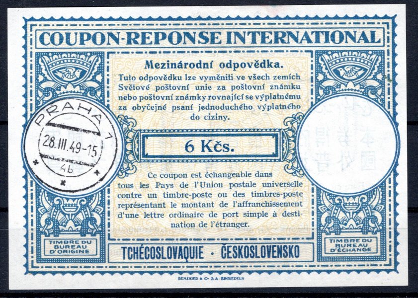 CMO 10 ; Mezinárodní odpovědka - 6 Kčs text  a) český ; kat. cena 1600 Kč ( červená skvrna vzadu) 