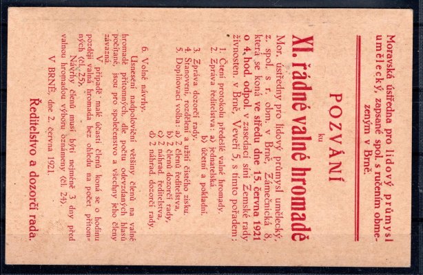 Firemní tiskopis vypl. 10 h Holubice, odeslaný doporučeně (125 h Masaryk) a spěšně (10 h spěšná ve své původní funkci), raz. BRNO 1, 6. 6. 21. Pěkná kvalita, velmi vzácné