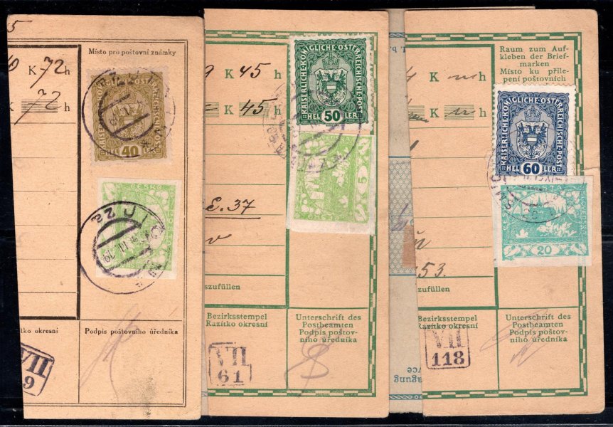Sestava 6 ústřižků, všechny se smíšenou frankaturou souběžných známek Znak + Hradčany z února 1919.
