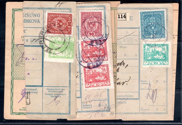 Sestava 6 ústřižků, všechny se smíšenou frankaturou souběžných známek Znak + Hradčany z února 1919.
