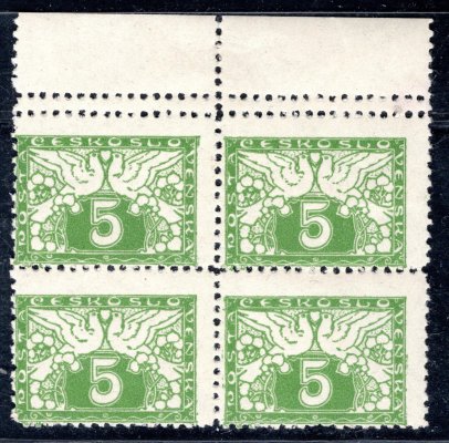 S 2, krajový 4 blok ŘZ 11 1/2, v horní řadě dvojitá perforace, 5 h zelená, zajímavé