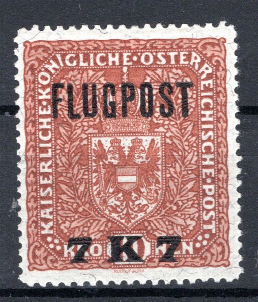 7 Koruna Flugpost 1918 hnědá - zoubkovaná s přetiskem Flugpost ; kat. cena 2000 euro 