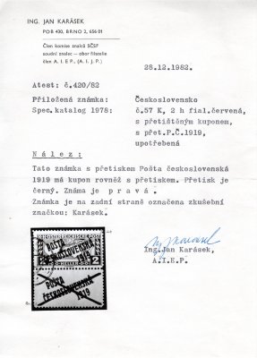 57 Aa K ; 2 Heller s černým a přetištěným kuponem - světlejší místo po odtrhnutí nálepky,    - Typ I + Typ II - Atest Karásek z roku 1982  zcela mimořádná známka známa jen v několika exemplářích - poprvé v aukci 