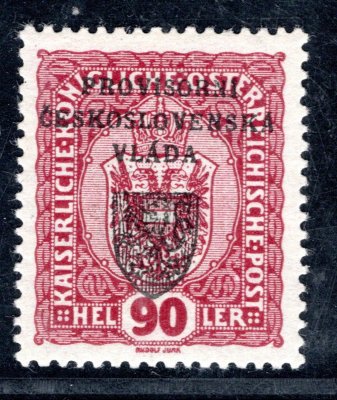 RV 14, I. Pražský přetisk, 90 h fialovočervená, zk. Gilbert 