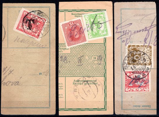 Sestava 3 ústřižků, na kterých jsou Hradčany provizorně použity ve funkci doplatních známek. Různé PÚ (Německý Brod 1, Radotín, Stropkov).