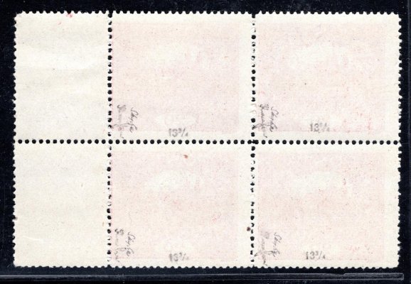 9 C ; 20 h červená - krajový 4- blok s kupony (vpravo povolena perforace mezi horní známkou a kuponem)  - zkoušeno , Kaufmann, Stu