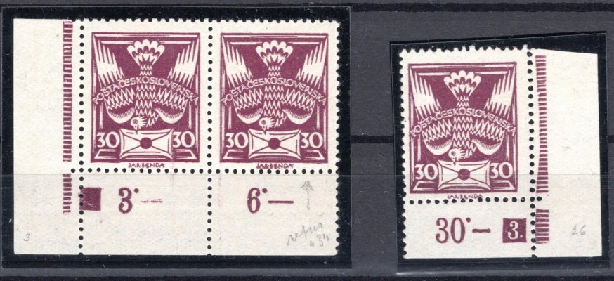 150 A, levý a pravý dolní rohové kus s DZ  3-26 a retuší, 92/VII, zk. Stu vzácné