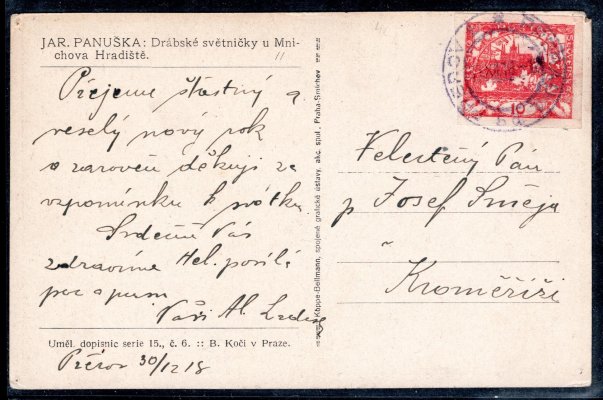 pohlednice Drábské světničky vyplacená známkou č. 5, raz. Přerov 31.12.1918, rané použití