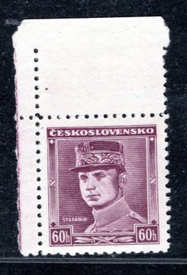 302 ; 60h Štefánik - levá horní známka - rohový kus ;  druhý náklad s nápichovým bodem pro Protektorát 