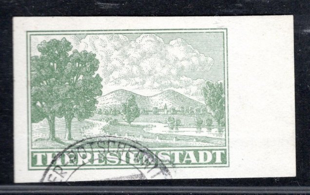 PR 1 I  - zkusmý tisk Terezín světle zelená stříhaná - krajový kus - vzácná známka ! 