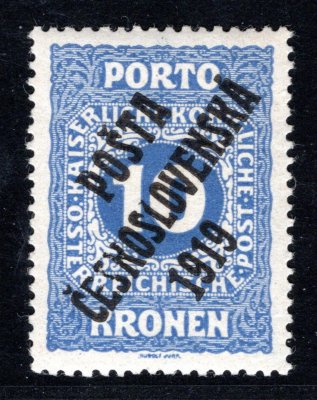 82, typ II, doplatní malá čísla, 10 K modrá, známka s původním lepem bez nálepky, zk. Gi,Vr a arest Vrba
