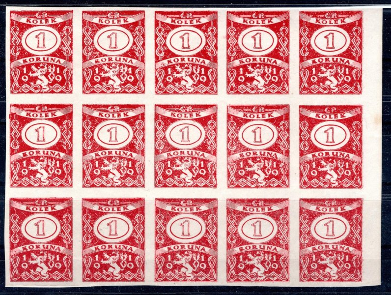kolek 1919, bez perforace !, 15 ti blok 1 Koruna, červený, kat. 8000,-, vzácné a hledané, bylo tištěno společně se známkami Hradčan