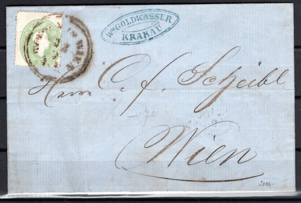 skládaný dopis v místě vyplacený známkou č. 19, 3 Kr zelená s příchozím razítkem