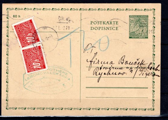 CDV 1, strojové razítko Praha 55, 30/I/42, adresovaná do Rychnova nad Jizerou, zde vylepeny doplatní 2 x DL 2,  s příchozím razítkem, Praha 2/II/42