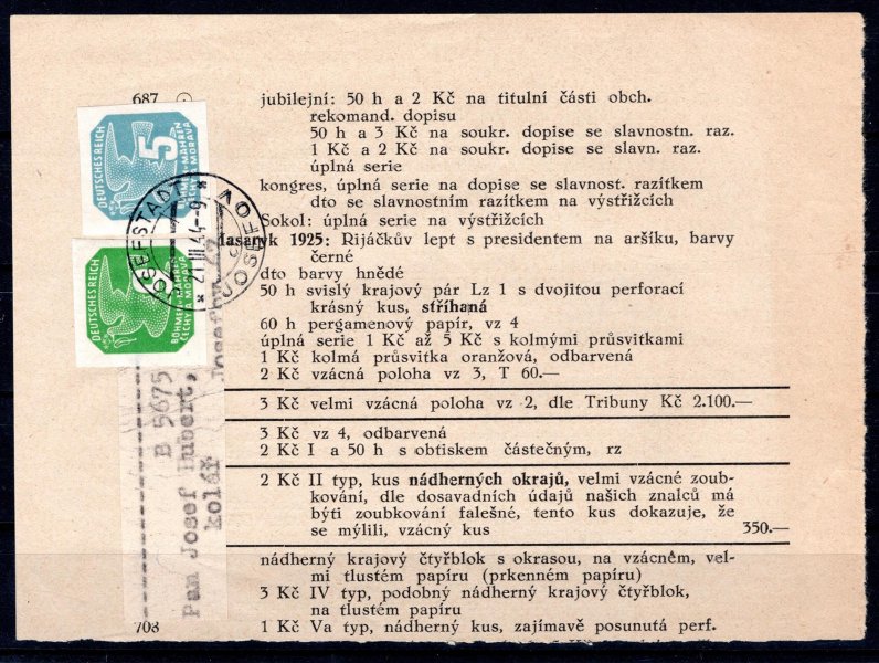 část stránky časopisu Tribuna filatelistů s adresním ústřižkem a novinovými známkami NV 11 + 13, adresováno do Josefova, podací razítko Josefov, 21/III/44