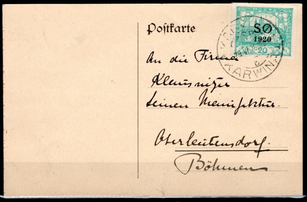 karta se známkou SO 6, razítko Karviná, 29/VI/20 adresovaná do Oberleitensdorfu - Duchcova