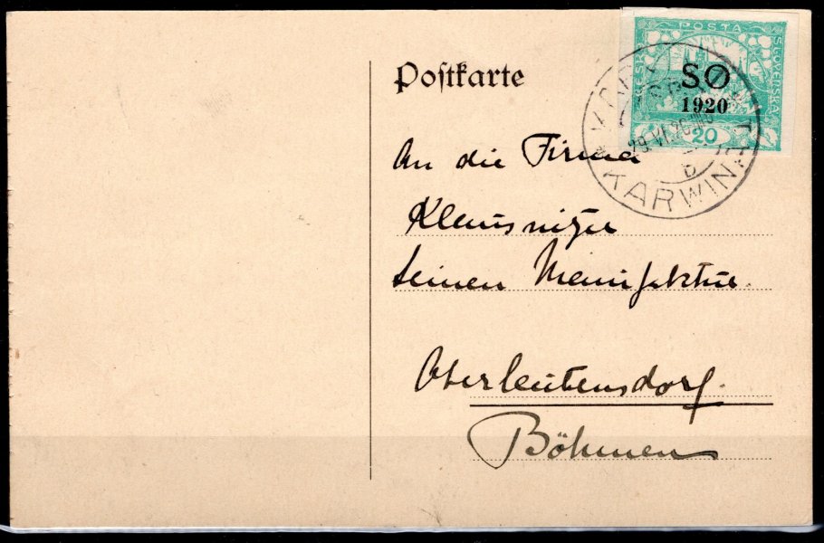 karta se známkou SO 6, razítko Karviná, 29/VI/20 adresovaná do Oberleitensdorfu - Duchcova