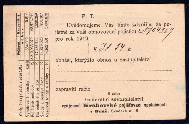 tiskopis - karta zaslaná z Brna 11/VII/19 do Fryštáku se zajímavou smíšenou frankaturou 3 h Hradčany a 2 h spěšná