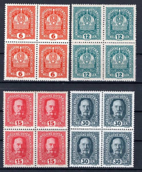 Rakousko - Mi. 187, 189, 190,193, sestava 4 bloků, koruna a F.J.