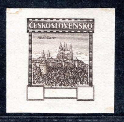 otisk rytiny na kousku papíru (Seizinger) s vyobrazením  Hradčan a s prázdnými hodnotovými štítky v barvě hnědé, zkoušeno a atest Karásek, tento návrh nebyl použit k vydání známek, ojedinělé a velmi vzácné, atest Karásek píše ; raritná kus ! RRR Stuck - zcela mimořádné již v roce vydání atestu roce   1979 - - mimořádné ! 