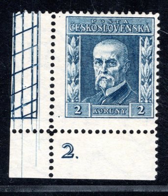 195, P 7, typ II, TGM, modrá 2 Kč, rohová s DČ 2, hledané