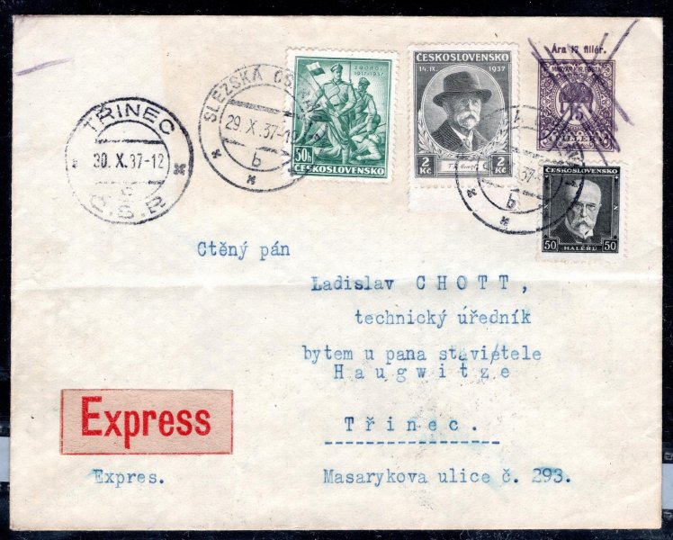 Ex dopis  s použitou Maďarskou celinovou obálkou 15 f - neuznáno, a pestrou frankaturou výplatních známek z Slezské ostravy do Třince, dopis lehce přeložen, lehké stopy poštovního provozu