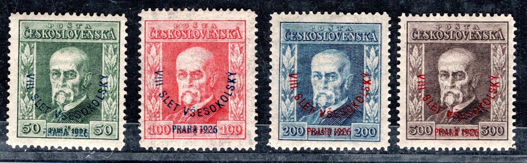 183 - 186 vše  P6  ; Kompletní série Masaryk s přetiskem Slet- všechny známky prusvitka P6 - zkoušeno 