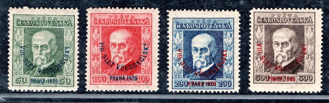 183 - 186 vše  P7  ; Kompletní série Masaryk s přetiskem Slet- všechny známky prusvitka P7 - zkoušeno 