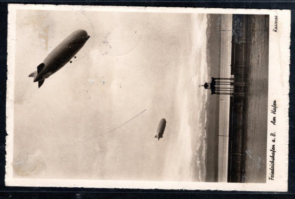 Zeppelin - fahrt 1938, pohlednice  vzducholodí nad Fridrichshafenem adresovaná do ČR., červený zeppelinový kašet, letecké Frichrishafen, tranzitní Norimberk, příchozí Česká Lípa