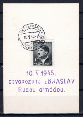 Kartička s vylepenou 10h Hitler - razítko Finish Germanie / Zbraslav nad Vltavou 10.5.1945