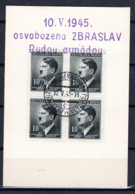 Kartička s vylepenou 10h Hitler 4 - blok  - razítko Finish Germanie / Zbraslav nad Vltavou 10.5.1945