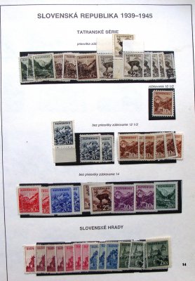 Slovensko 1939-1945,vše nafoceno,  sbírka na 61 listech v perových deskách Schaubek, přetisková emise (*), */**/razít., dražší hodnoty zk, meziarší Tiso *, deskové čísla, rohové 4bloky, např.knížata, velké bloky tatranské se vzácnou prusvitkou P3,P4, velké bloky doplatní. Vysoký katalog., velmi příznivě vyvoláváno