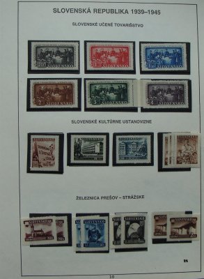 Slovensko 1939-1945,vše nafoceno,  sbírka na 61 listech v perových deskách Schaubek, přetisková emise (*), */**/razít., dražší hodnoty zk, meziarší Tiso *, deskové čísla, rohové 4bloky, např.knížata, velké bloky tatranské se vzácnou prusvitkou P3,P4, velké bloky doplatní. Vysoký katalog., velmi příznivě vyvoláváno