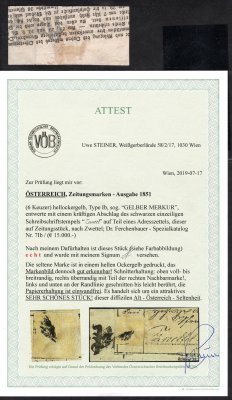 Rakousko - 1851, Fe. č. 7, typ Ib, světle okrově žlutý Merkur 6 Kr na části adresního lístku, se silným otiskem psaného razítka " Zwettl " na části novin do Zwettlu, dobré  střihy, zejména na dvou stranách s částí sousedních známek, atest Steinerv atestu napsáno : Velmi hezký kus nedostupní známky !   Zcela jedinečná příležitost k získání ikonického žlutého Merkura, jež patří k evropským raritám a nejvzácnějším používaným známkách na našem území! Vyvoláváno pod dosahované ceny v evropských aukcí -   katalogová cena na celé pásce  35 000 euro 