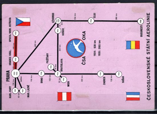 ČSA pohlednice vyplacená známkami L 7+ 8,  podací razítko Moravská Ostrava 1/VII/35 do Prahy, příchozí  Praha 82, 1/VII/35 ,lehce omačkané rohy, modrá letecká nálepka