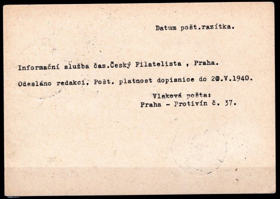 vlaková pošta, CDV 34 II, odpovědní část, s provizorní R nálepkou, dofrankovaná známkami č. 28, 29 + 41, vlakové razítko  Brno - Přerov, 27/IV/40, adresovaná do Prahy, zajímavé a hledané