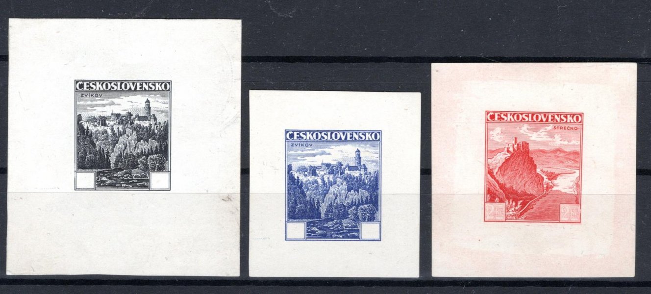 307 a 308, Zvíkov a Strečno, 3 x  rytina bez hodnoty v zelenošedé, modré  a oranžovočervené  barvě na lístku papíru, zk.Fi, Vr