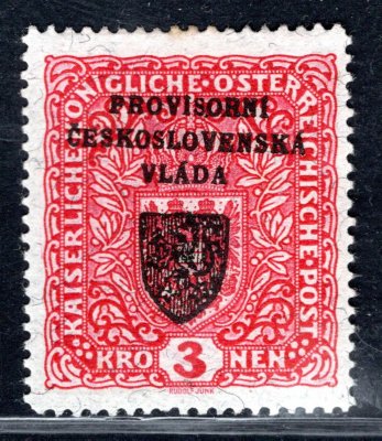 RV 17a ; 26  mm x 29 mm, I. Pražský přetisk, 3 K červená, papír žilkovaný, žlutá skrvnka -  zk. Mr