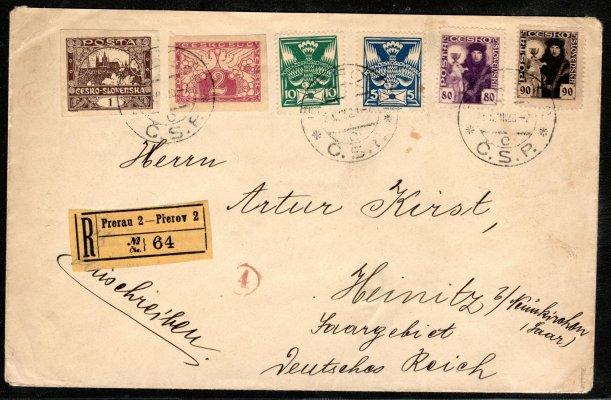 R dopis z Přerova do Německa vyplacený smíšenou frankaturou známek emise Husita, Hradčany, služební a Holubice s příchozím razítkem