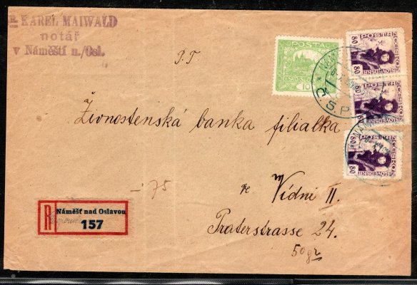 R dopis z Náměště nad Oslavou  do Vídně vyplacený smíšenou frankaturou známek emise Husita, Hradčany