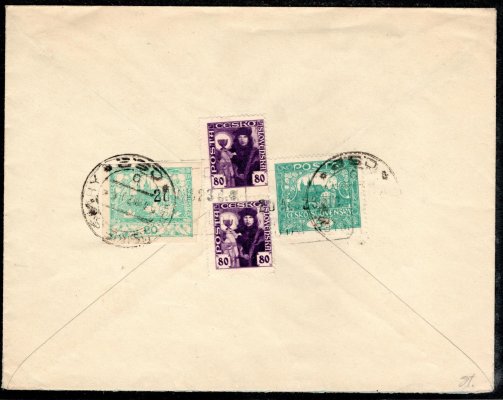 R dopis (provizorní R) do Bratislavy vyplacený na zadní straněsmíšenou frankaturou známek emise Husita, Hradčany