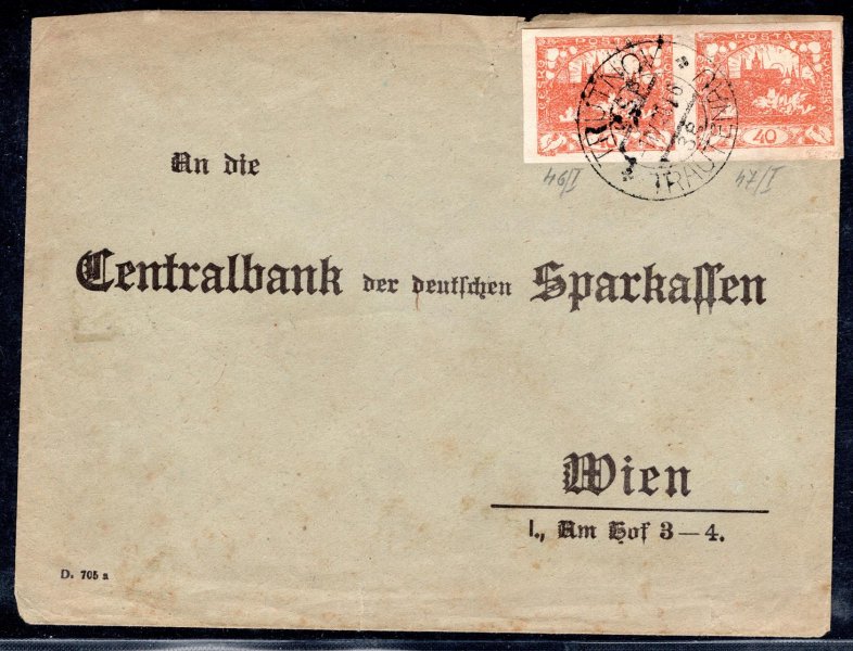 předtištěná bankovní obálka vyplacená 2 x č. 14, oranžová 40 h, zaslaná z Turnova 1/IV/20 do Vídně, lehké stopy poštovního provozu, v horní části natrženo