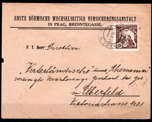 Firemní dopis frankovaný hodnotou 25 h hnědá, adresováno do Rakouska, frankatura přesně dle v té době platného tarifu pro tuzemsko (), krásný otisk razítka PRAHA 3  s datem 31. X. 19