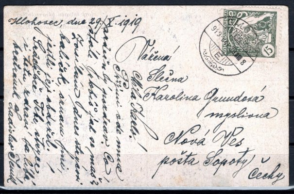 legionářské celistvosti, pohlednice vyfrankovaná legionářskou známkou hodnoty 15 h zelená, adresovaná do Čech, odesláno dle patného tarifu, maďarské () razítko