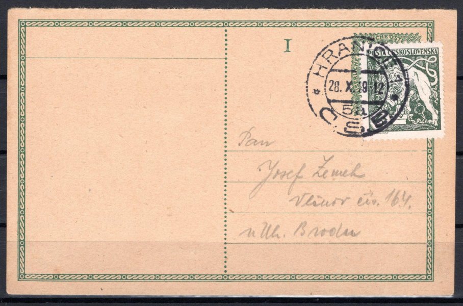 legionářské celistvosti, dopisnice vyfrankovaná legionářskou známkou hodnoty 15 h zelená, adresovaná do Čech, odesláno dle patného tarifu, otisk razítka ZLÍN s datem 31. X. 1919