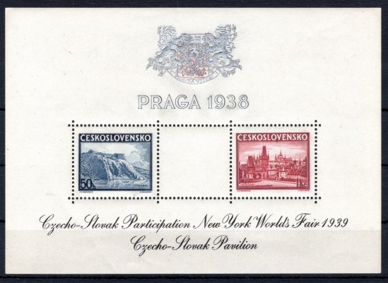 A 342 - 3, Praga 38, New York 1939, přítisk stříbrný, nápis černý