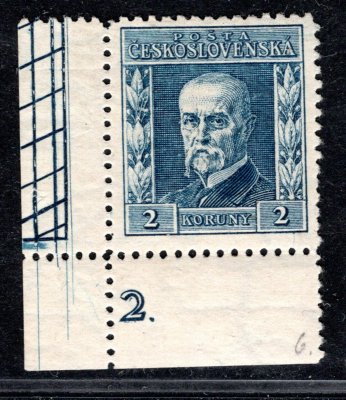 195, P 6, typ II, TGM, modrá 2 Kč, rohová s DČ 2. zk. Gi